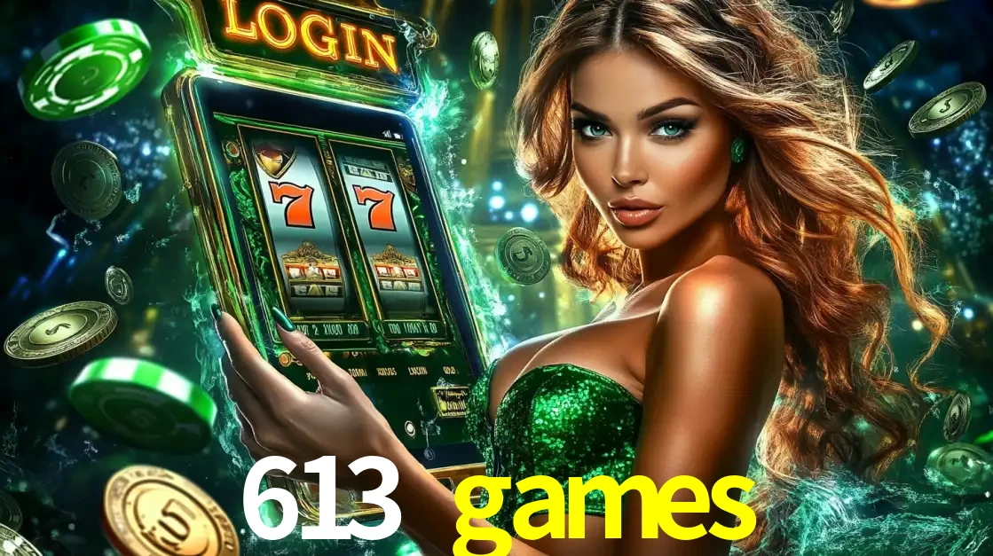 Mulher com tema verde apresentando o aplicativo do cassino 613 games com um jogo de slot de 777, cercada por fichas de cassino e uma aura de sorte.