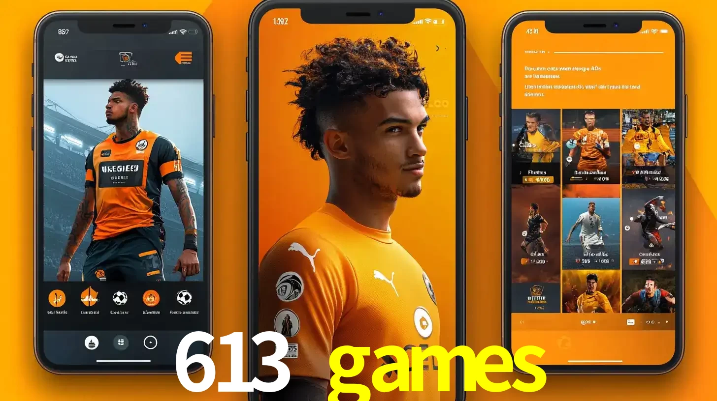 Interface do aplicativo de apostas esportivas 613 games em três telas de celular, mostrando o perfil de um jogador de futebol e a lista de jogos disponíveis para apostar.