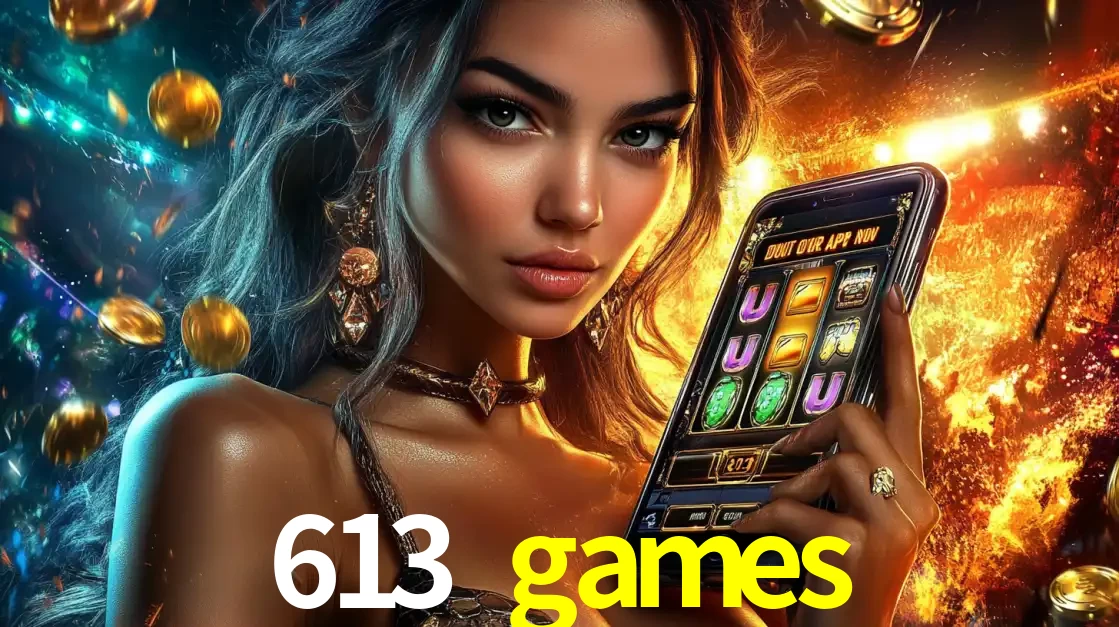 Mulher elegante mostrando um jogo de caça-níqueis em seu smartphone, destacando a experiência de cassino móvel oferecida pelo aplicativo 613 games.