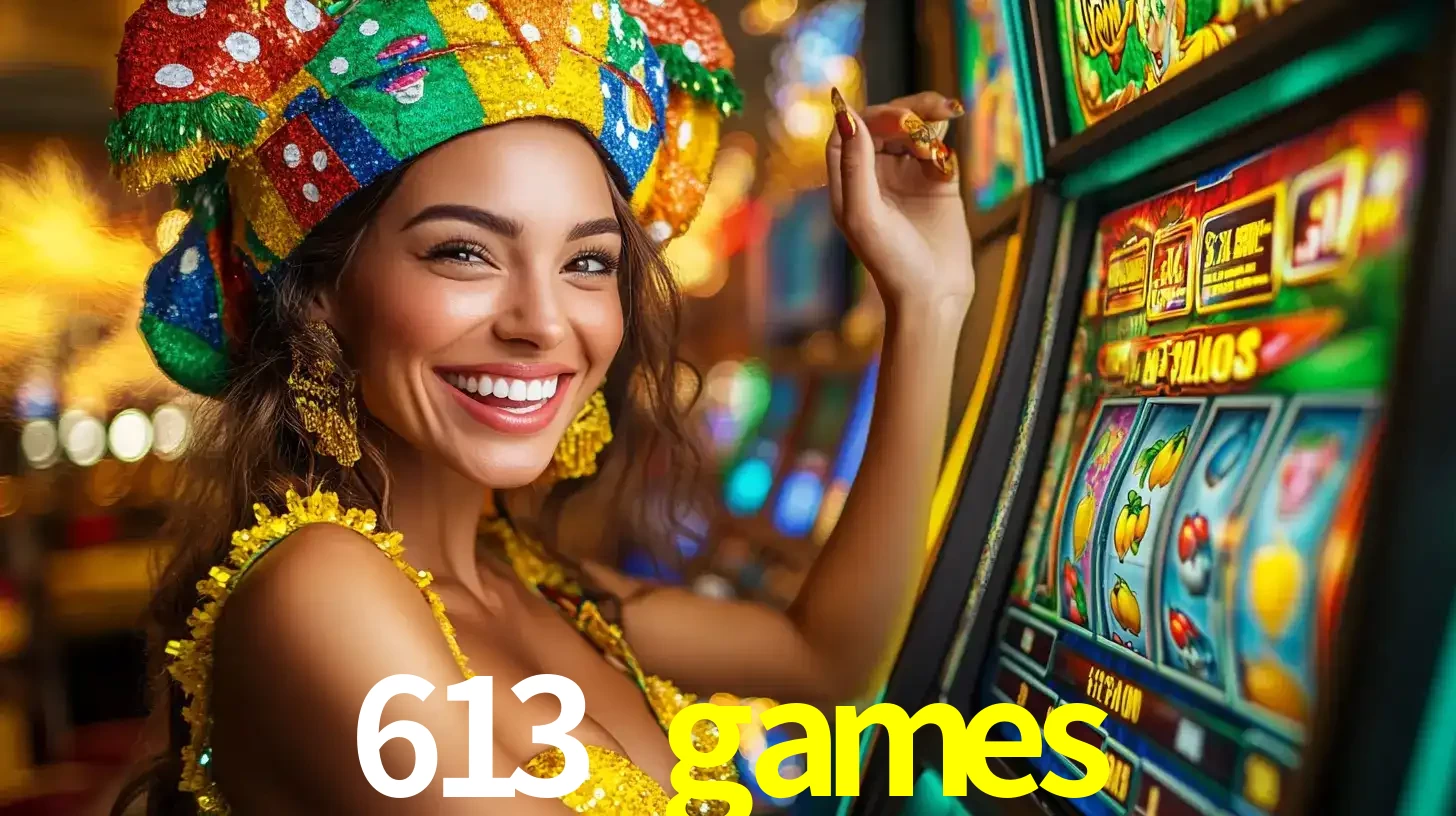 Mulher feliz com traje de carnaval amarelo e colorido ao lado de uma máquina de caça-níqueis, aproveitando a diversão e os jogos temáticos do cassino 613 games.