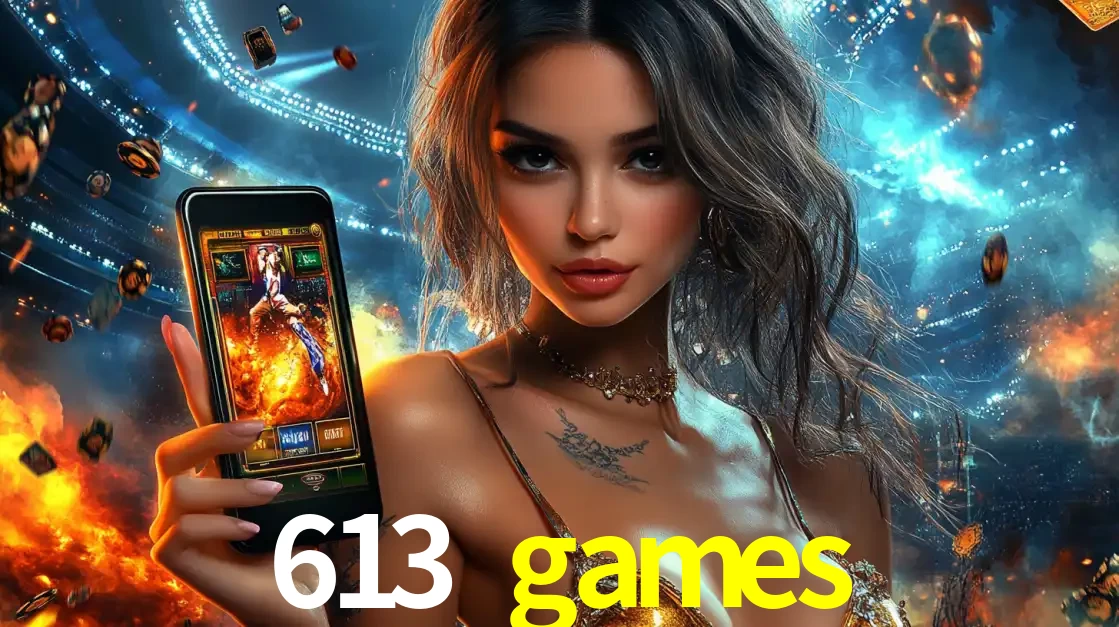 Mulher segurando um celular com um jogo de slot em destaque, tendo como fundo um estádio vibrante, simbolizando a emoção de jogar no cassino móvel 613 games.